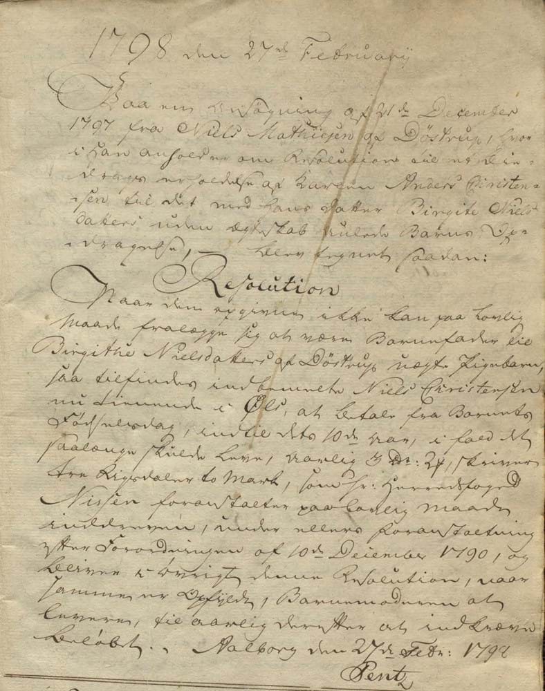 Aalborg Stiftamt: Verdict in Paternity Case from 1798