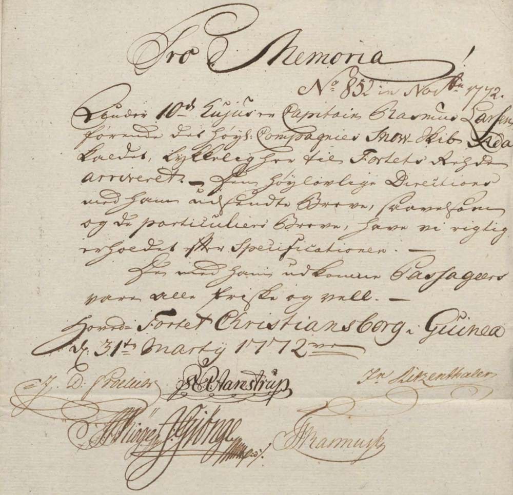 Pro Memoria Letter Announcing the Arrival of the Ship Ada 31 March 1772
