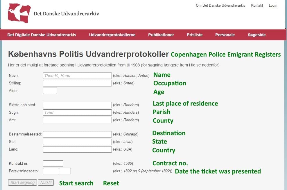 Copenhagen Police Emigrant Registers Index 1869-1908: Advanced Search Form with Translated Headings