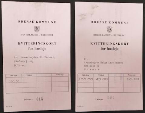 Rent receipt cards, Odense, Denmark, 1954-55