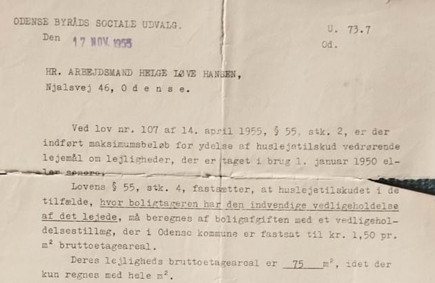 Letter about rent subsidy, Odense, Denmark, 1955