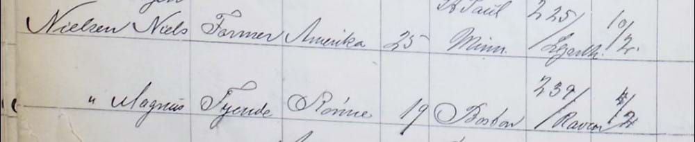 Magnus Nielsen in the Original Emigrant Register 1891, Denmark