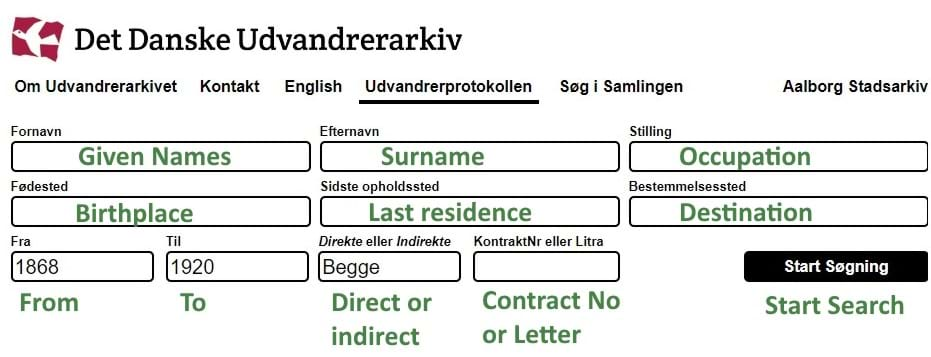 Search Form for the Danish Emigrant Index 1868-1920