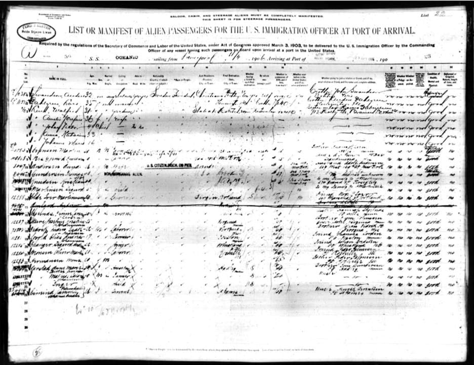 New York passenger list from 1906 showing the Dane Mons Arnesen