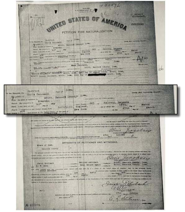 Chris Jacobson's petition for naturalization 1904, Hancock Co., Iowa