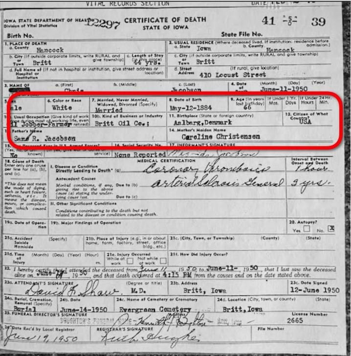 Image of the death certificate for Chris Jacobsen 1950, Iowa