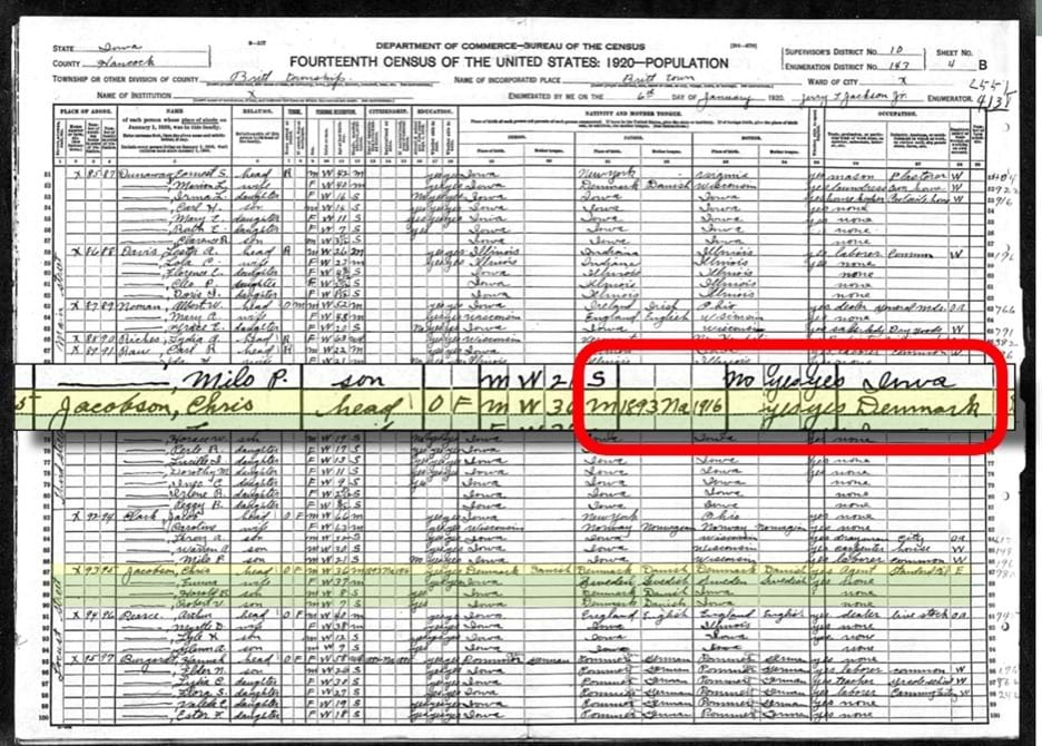 Image of Chris Jacobson in the 1920 U.S. census in Hancock County, Iowa