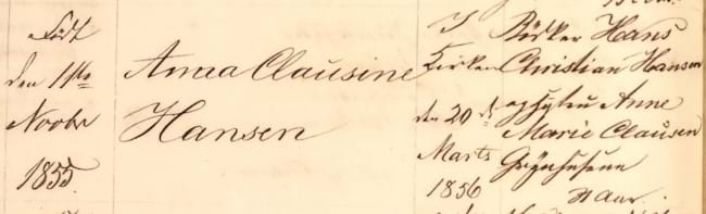 Danish parish register with the birth of Anna Clausine Hansen in 1855 in Odense Denmark