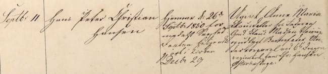 Parish register with the birth of Hans Peter Christian Hansen in 1850 in Ubberud Parish Denmark