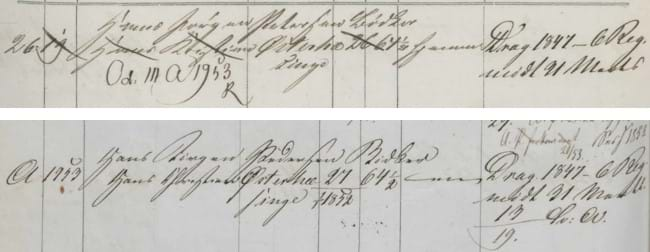 Military levying rolls from 1850 and 1851 showing Hans Kristian Hansen’s migration from lægd 13 to lægd 111